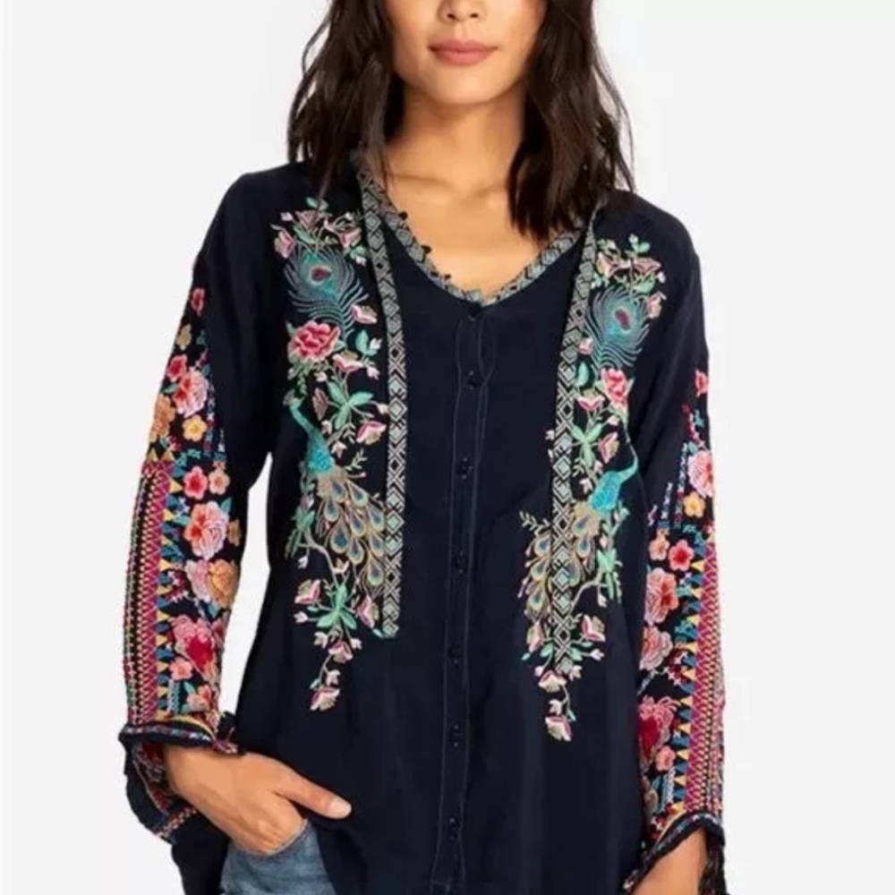 Johnny Was Sundance Catalog Blue Art Sable Tunic Navy Size Large EUC